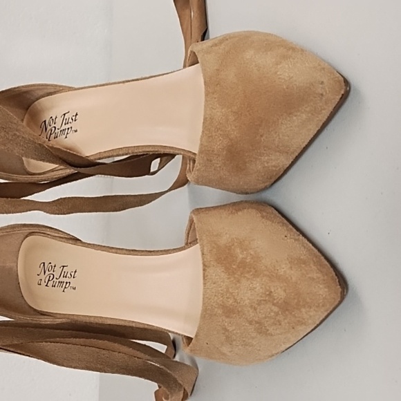 Not Just A Pump 7 Vegan Tan Suede High Heel Ankle Tie Boho Dress Shoe Jean Shoe - Picture 8 of 10